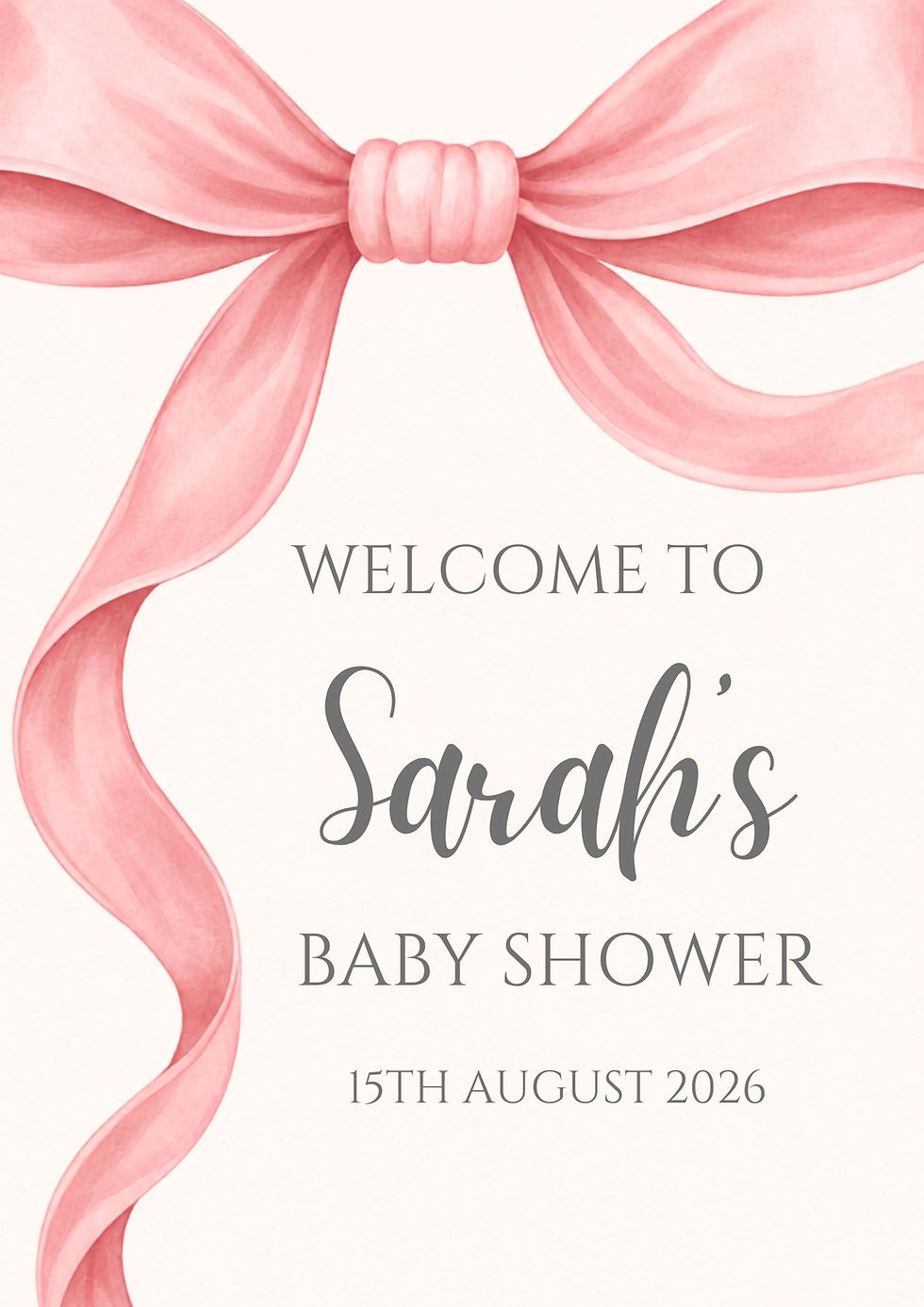 Thumbnail: Personalised baby shower welcome sign with a pretty pink bow design, personalised with name and event date.