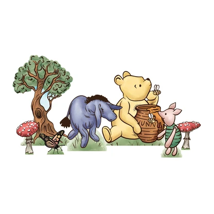 What Will Hunny Bee gender reveal setup with personalised backdrop, balloons and Winnie the Pooh-inspired themed cut-outs.