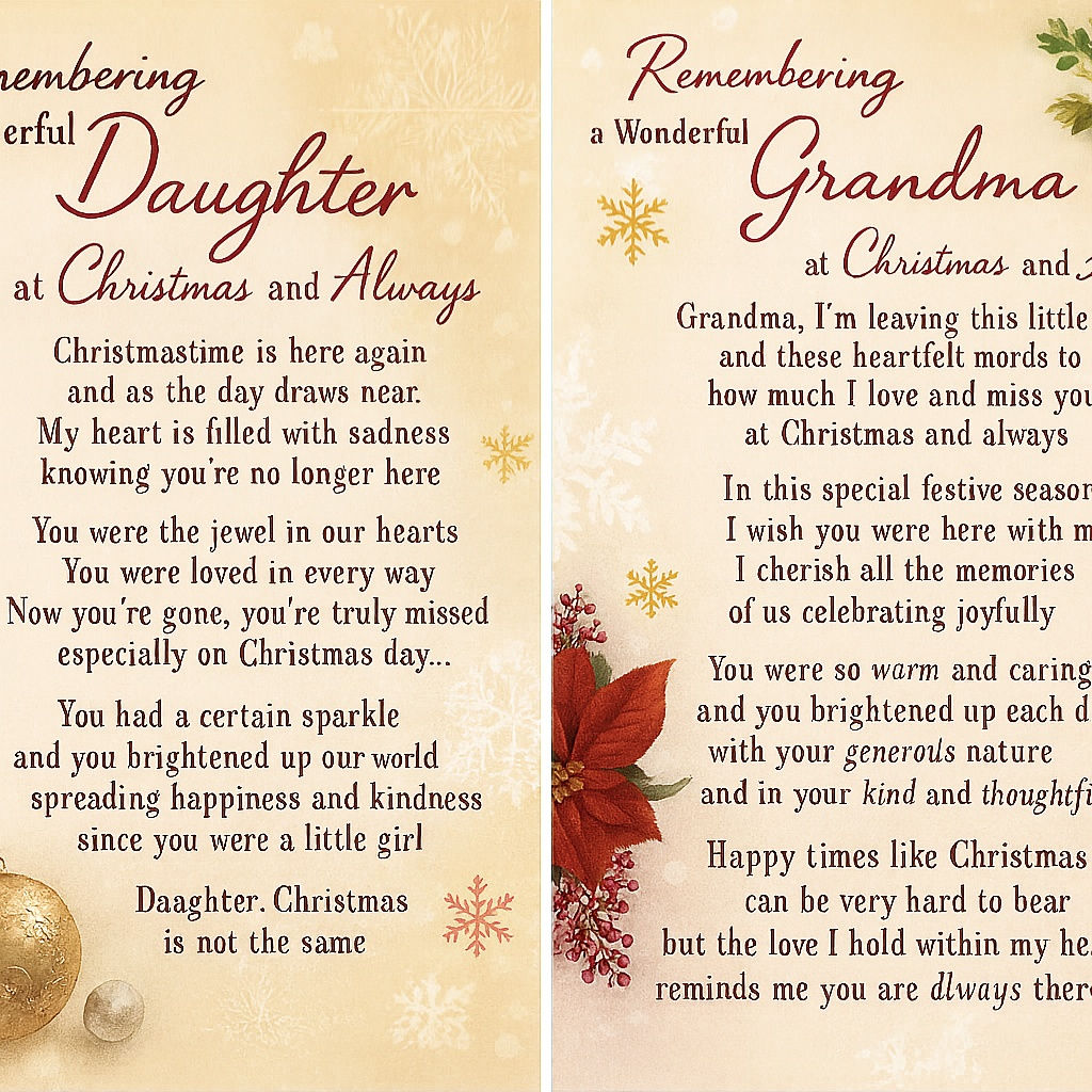 Christmas graveside memorial cards – Daughter and Grandma designs – waterproof plastic remembrance cards with festive poems a