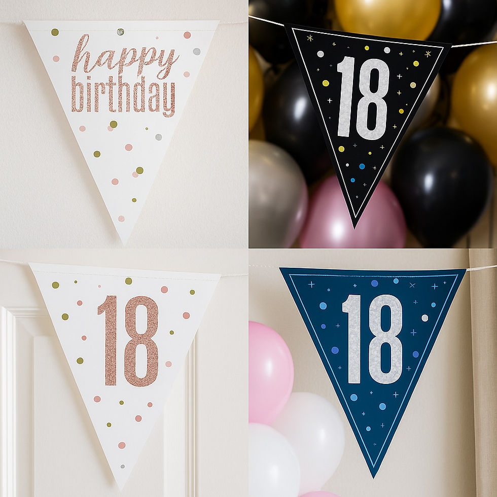 Happy Birthday bunting banners showing multiple ages and colours including 13 and 18 birthday designs