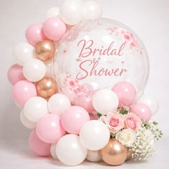 Personalised bridal shower balloon display with “Emily’s Bridal Shower” message in soft pastel and gold tones.