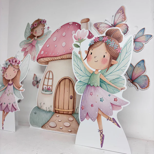 Fairy themed character cut-outs and decorative party display props
