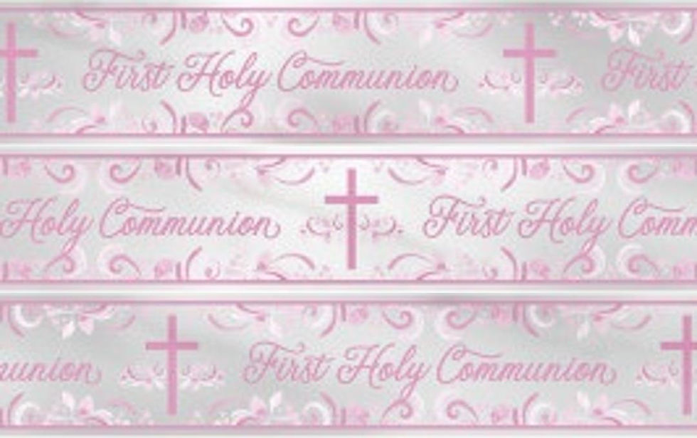 Pink First Holy Communion banner with cross and floral pattern, decorative party banner for girls communion celebration