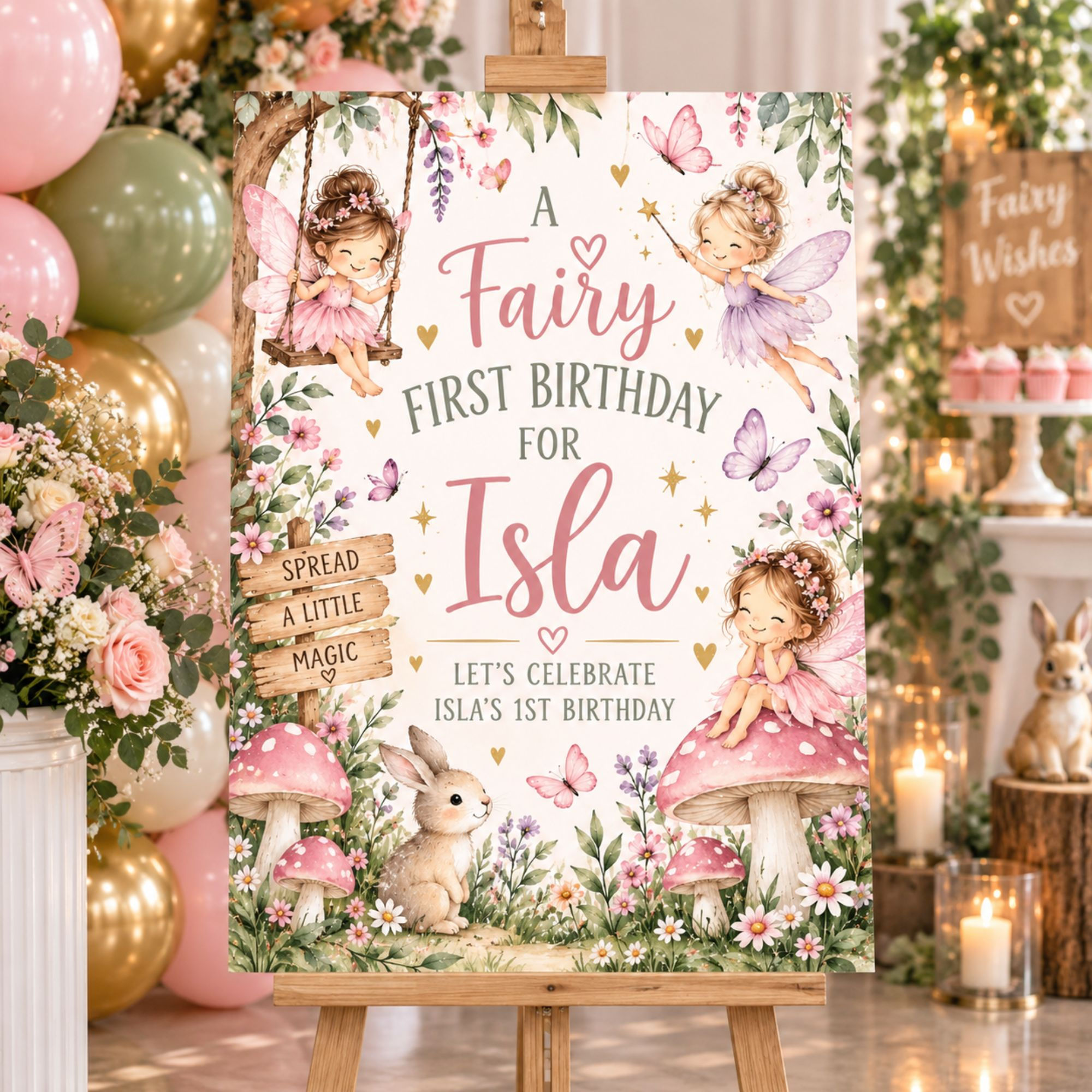 Personalised Fairy First Birthday welcome sign with fairies, pink mushrooms, butterflies, flowers and Isla’s name
