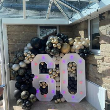 Light-up numbers with balloon garland in Ripley Derbyshire – 4ft LED numbers decorated with balloon garland for milestone birthdays and parties.