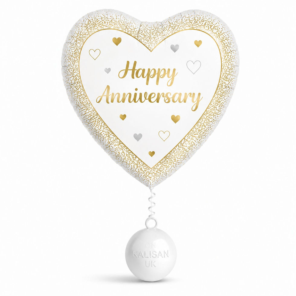 Inflated Happy Anniversary heart-shaped helium foil balloon on a white balloon weight, ready for collection from Louise's Par