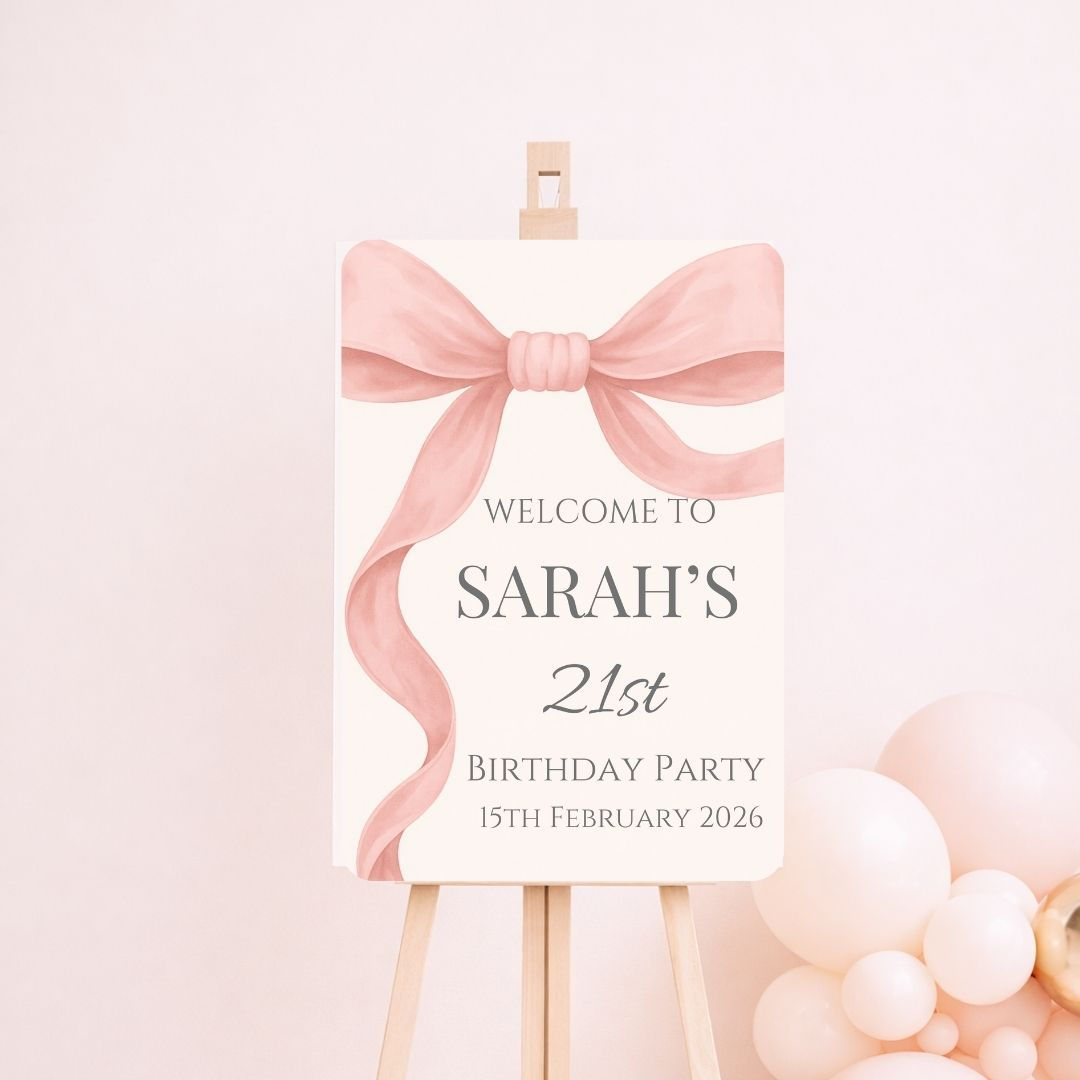 Pink bow birthday welcome sign with soft blush background and elegant script text, personalised for party entrance display