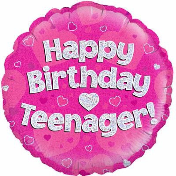 Thumbnail: Pink Teenager birthday foil balloon with silver holographic lettering and hearts.