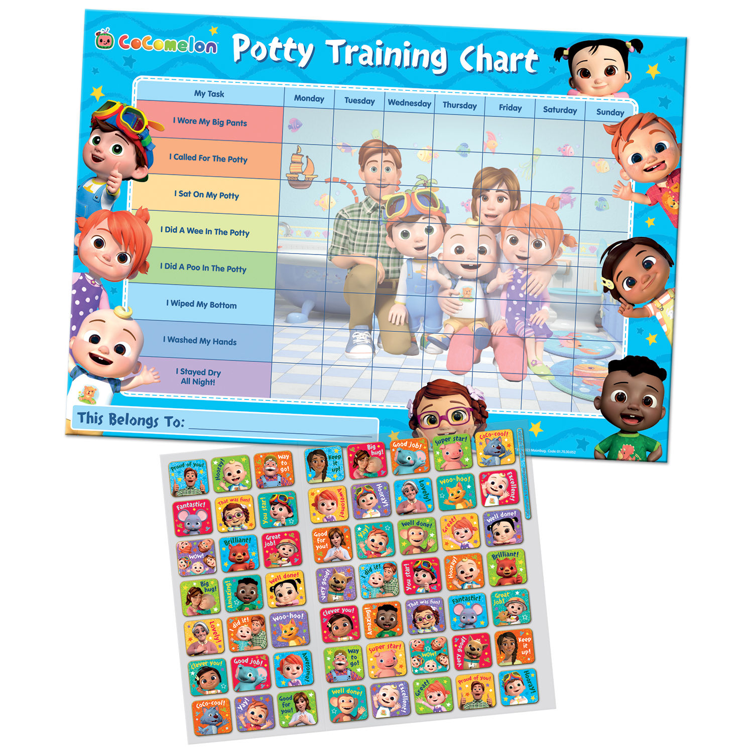 CoComelon potty training reward chart with 56 foil stickers for daily progress.