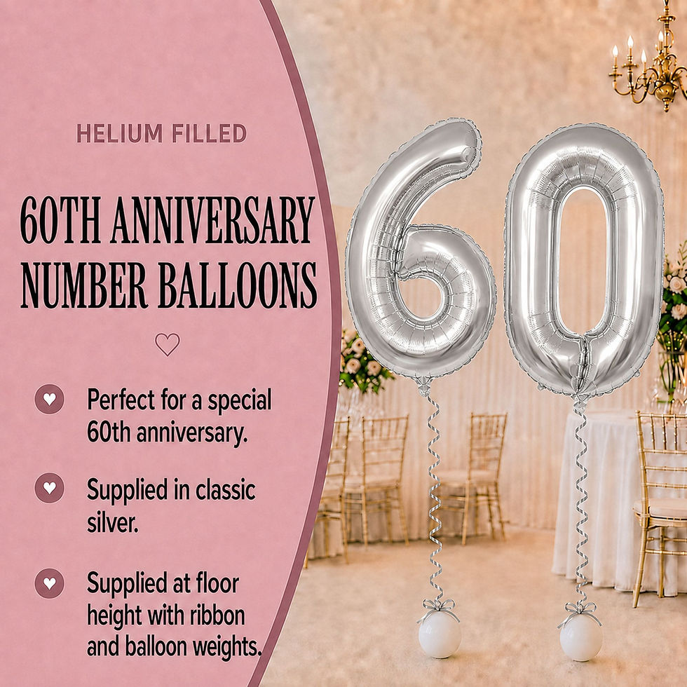 Silver helium-filled Number 60 foil balloons with ribbons and weights for a 60th wedding anniversary