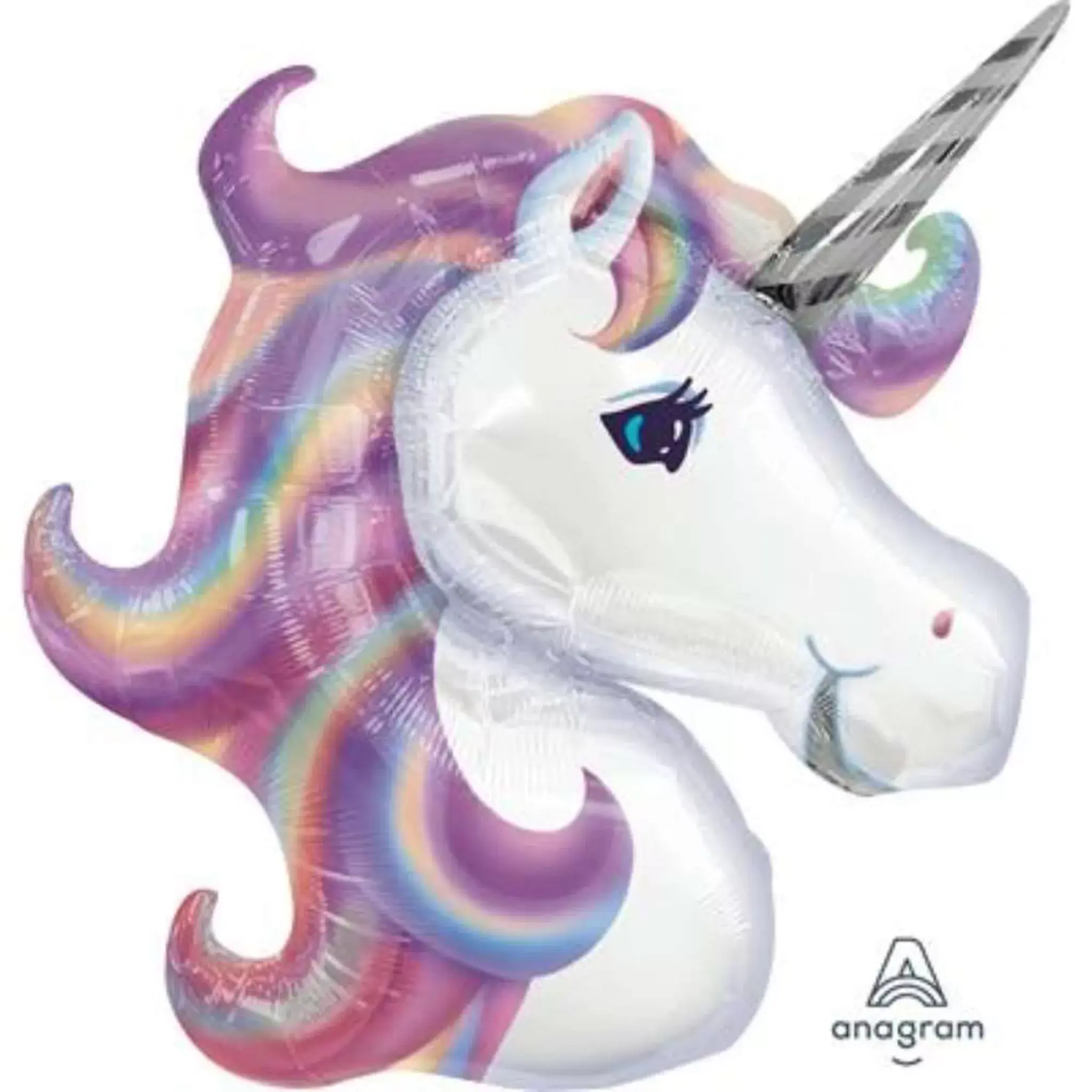 33 inch pastel unicorn head supershape foil balloon with rainbow mane suitable for air or helium