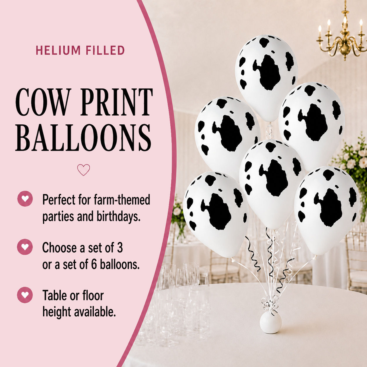 Six white cow-print helium-filled latex balloons arranged in a bunch.