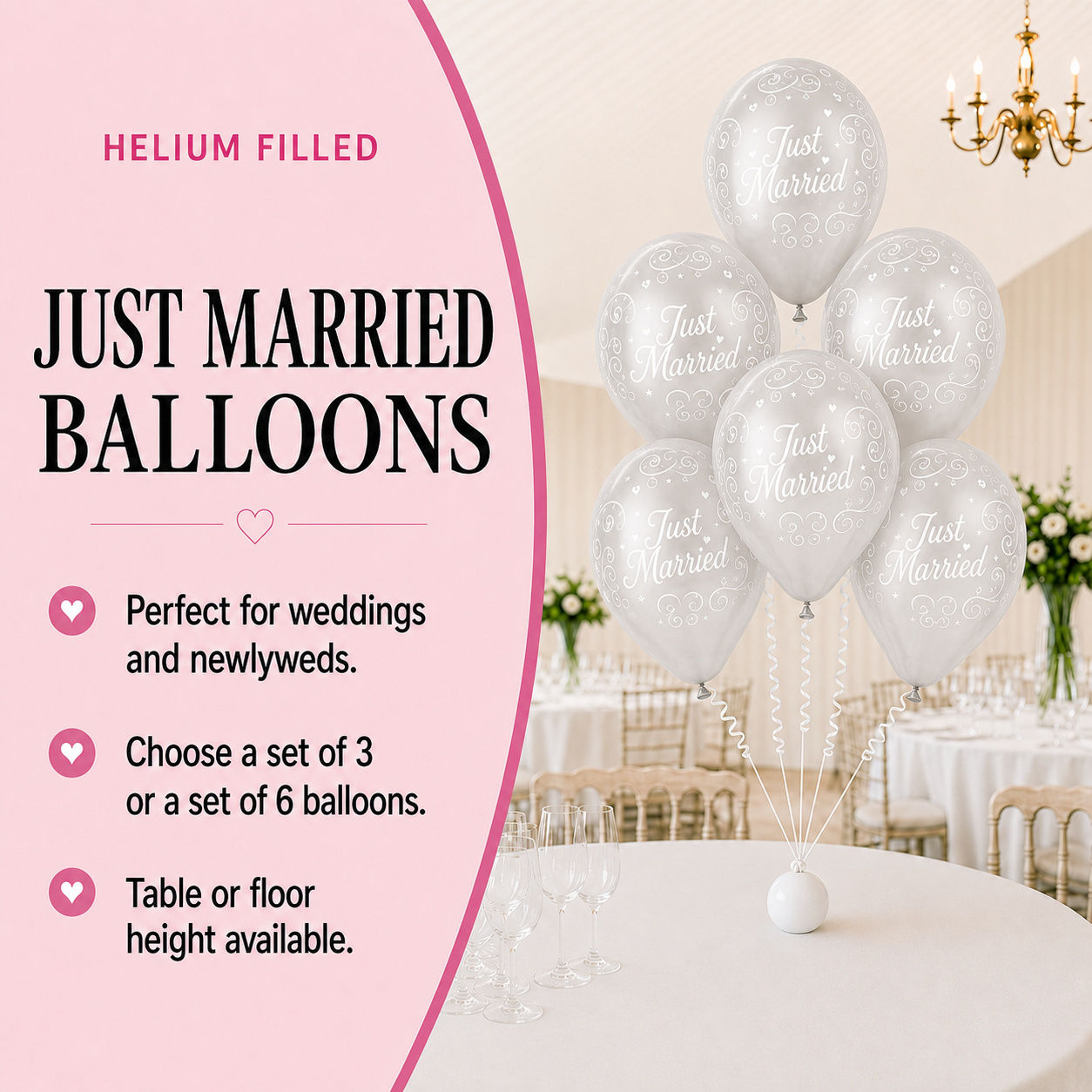 Silver just  married helium filled latex balloons