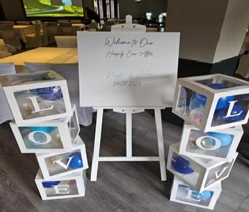 LOVE balloon boxes in Ripley Derbyshire – stacked display filled with balloons in custom colours, perfect for weddings, engagements and parties.