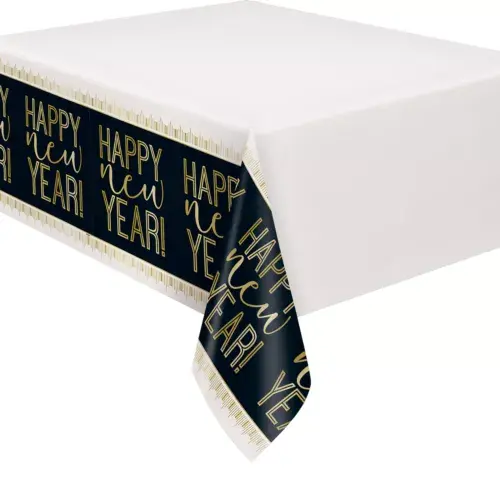 Happy New Year black and gold table cover for parties and celebrations.