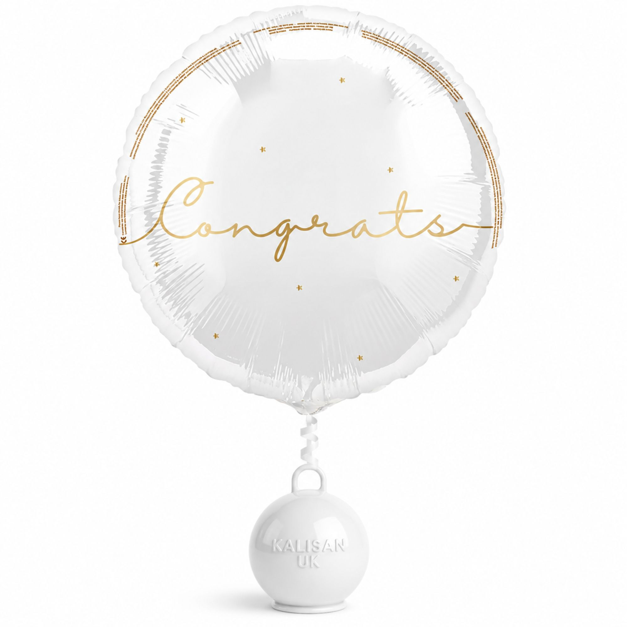 Congratulations helium-filled foil balloon inflated with coordinating ribbon and balloon weight on a white background.