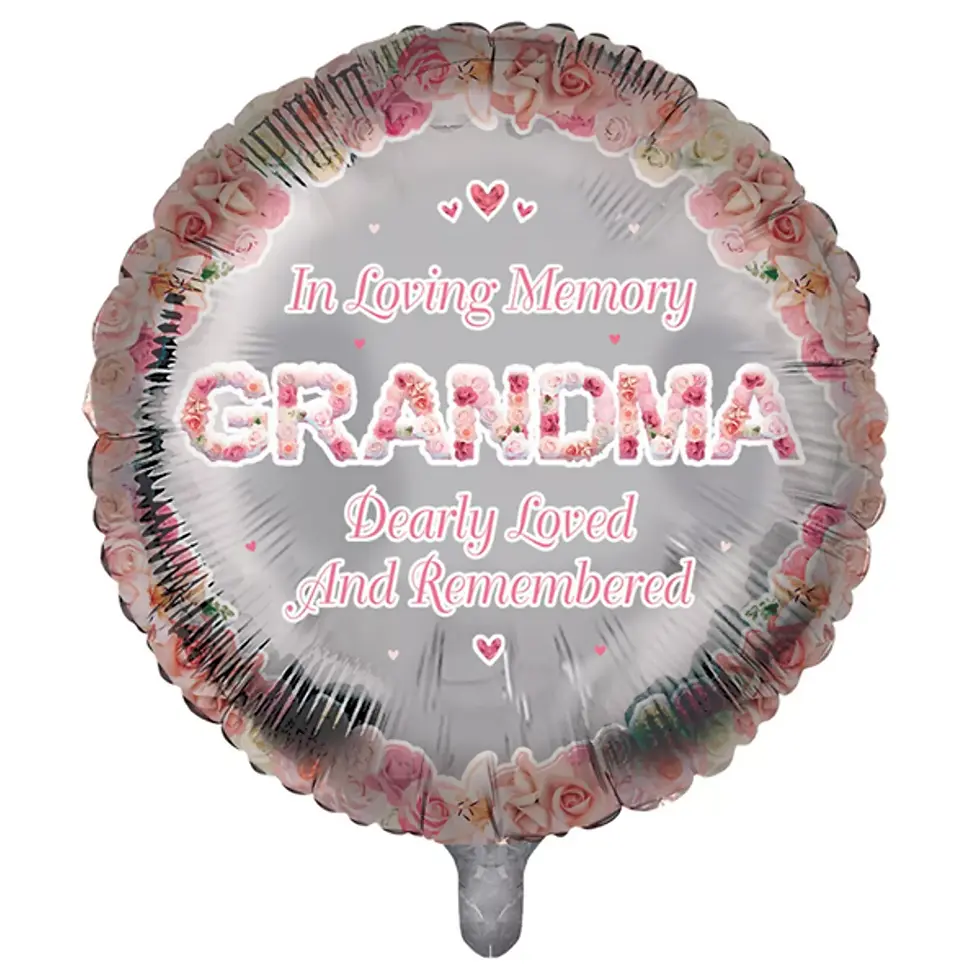 Grandma memorial 18 inch round foil balloon with floral design and In Loving Memory wording