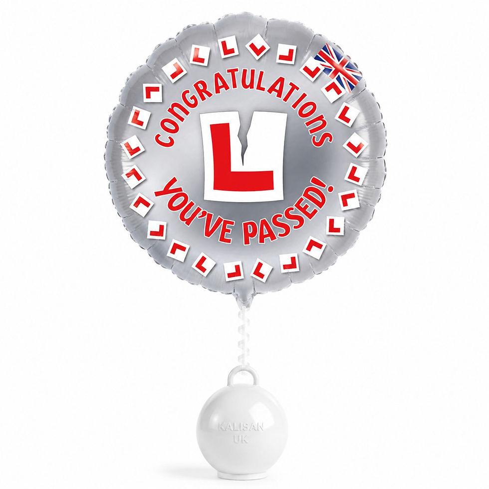 Congratulations You've Passed Driving Test helium-filled foil balloon inflated with coordinating ribbon and balloon weight on