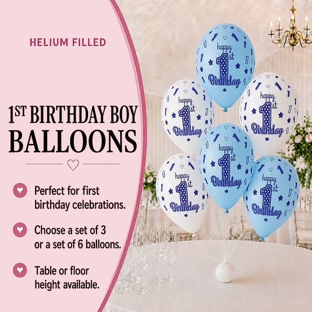 1st Birthday Blue and White Latex  Balloons Filled with helium on a weight
