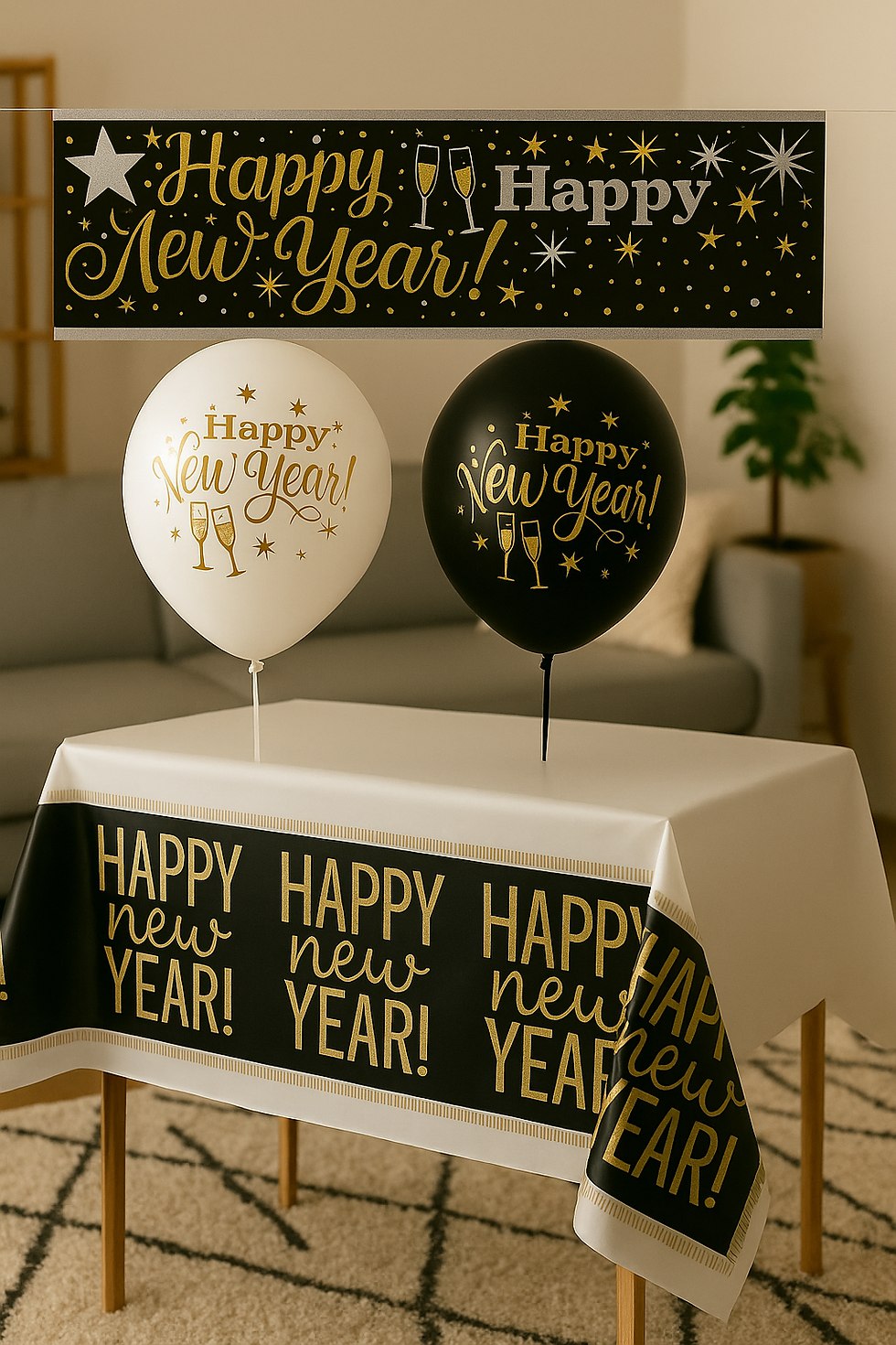 Black and gold Happy New Year party decoration set with banner, balloons, and tablecover displayed in a home setting