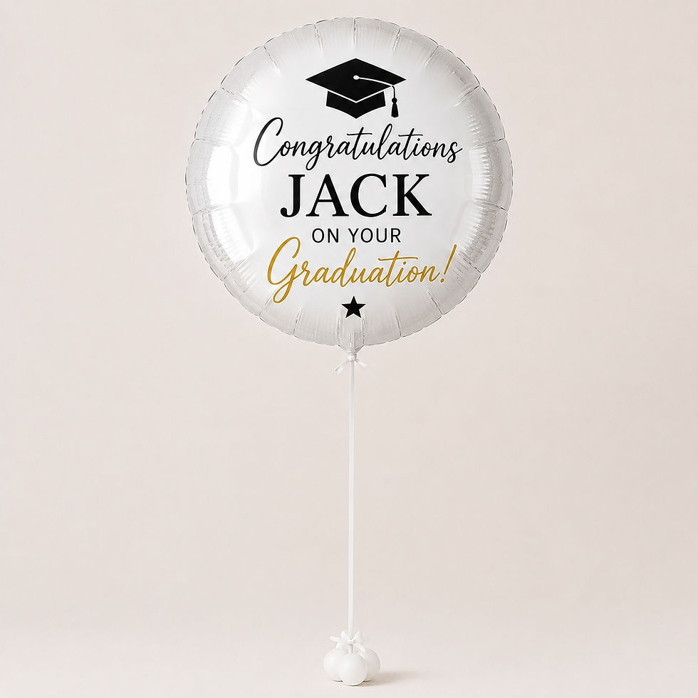 Personalised graduation helium-filled foil balloon with Congratulations Jack wording, graduation cap design, straight ribbon