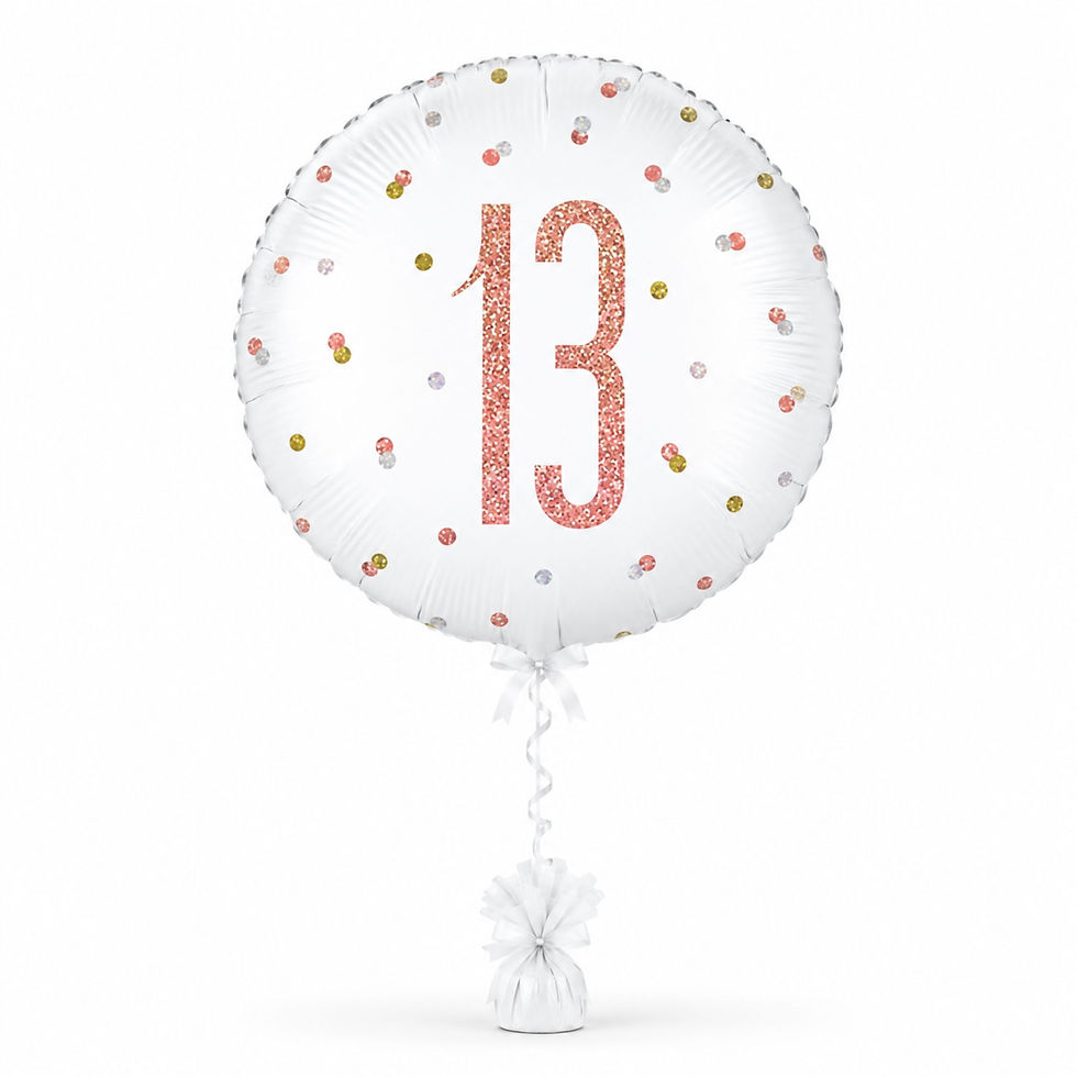 Rose gold 13th birthday helium filled foil balloon inflated with helium on a white ribbon and balloon weight,