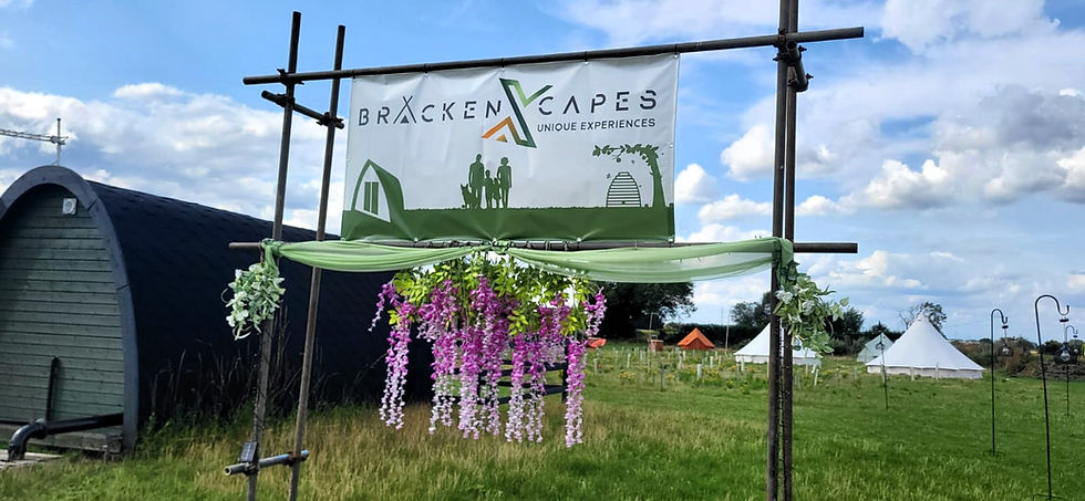 BrackenXcapes banner at the site, decorated for a wedding reception