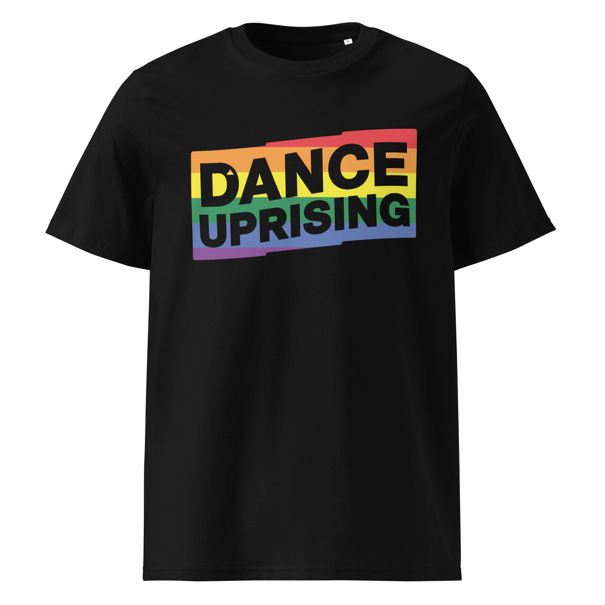 Rainbow Dance Uprising logo on Black t-shirt - Unisex organic