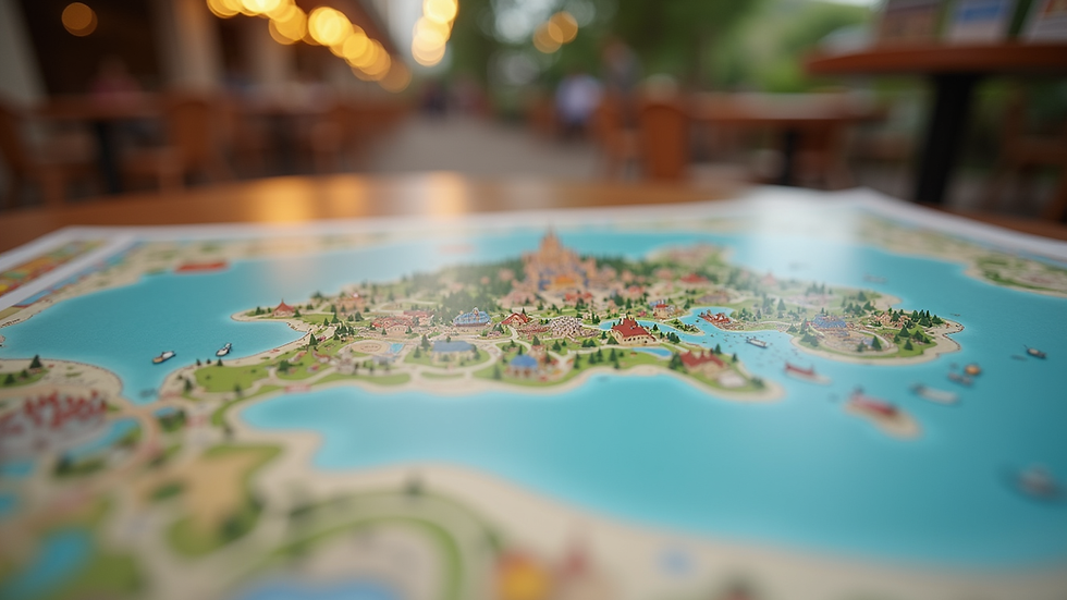 Close-up view of a Disney park map and planning guide on a table