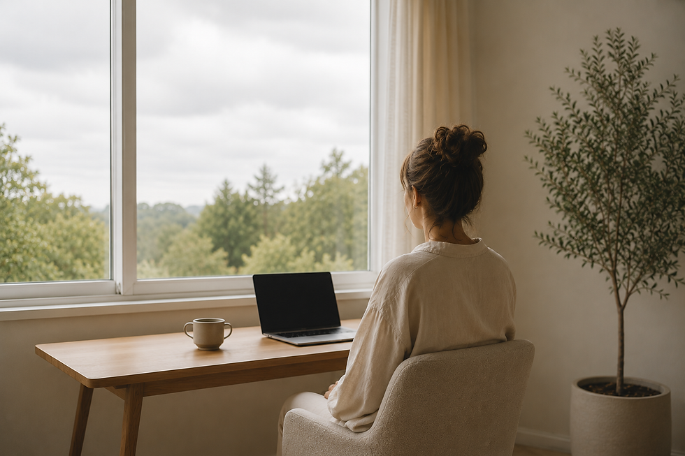 Online terapiyi temsil eden, pencere önünde dizüstü bilgisayarıyla oturan bir kişinin yer aldığı minimalist çalışma ortamı.
