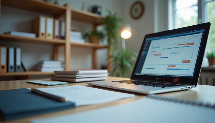 Eye-level view of a Canadian office desk with organized files and a laptop displaying scheduling software