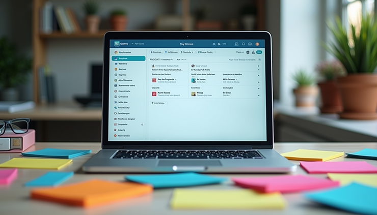 Eye-level view of a laptop screen showing a virtual assistant’s task list with colorful sticky notes around