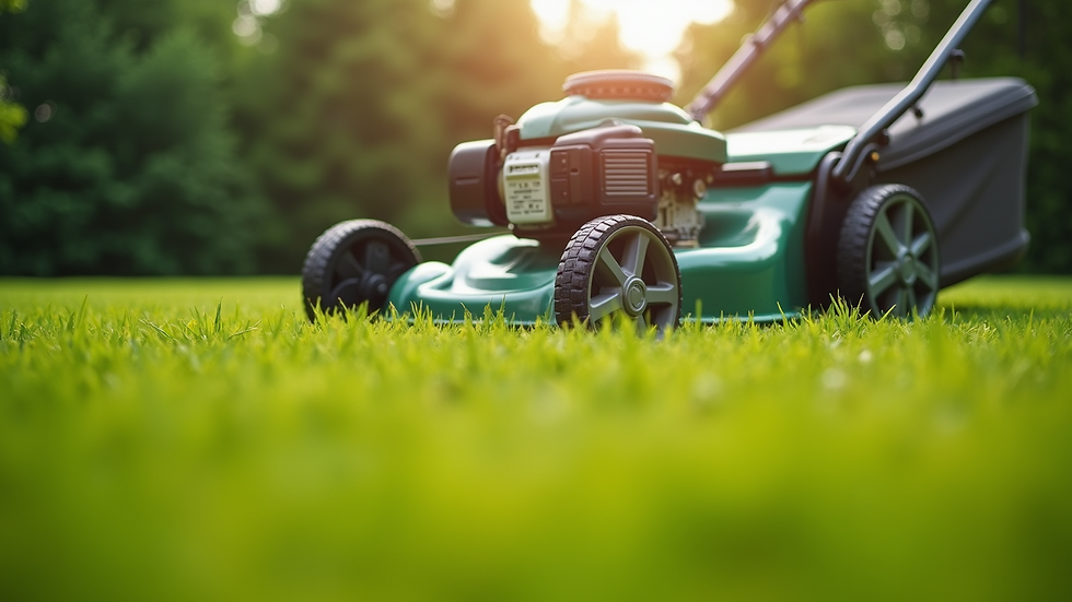 Eye-level view of a lawn mower on a green lawn
