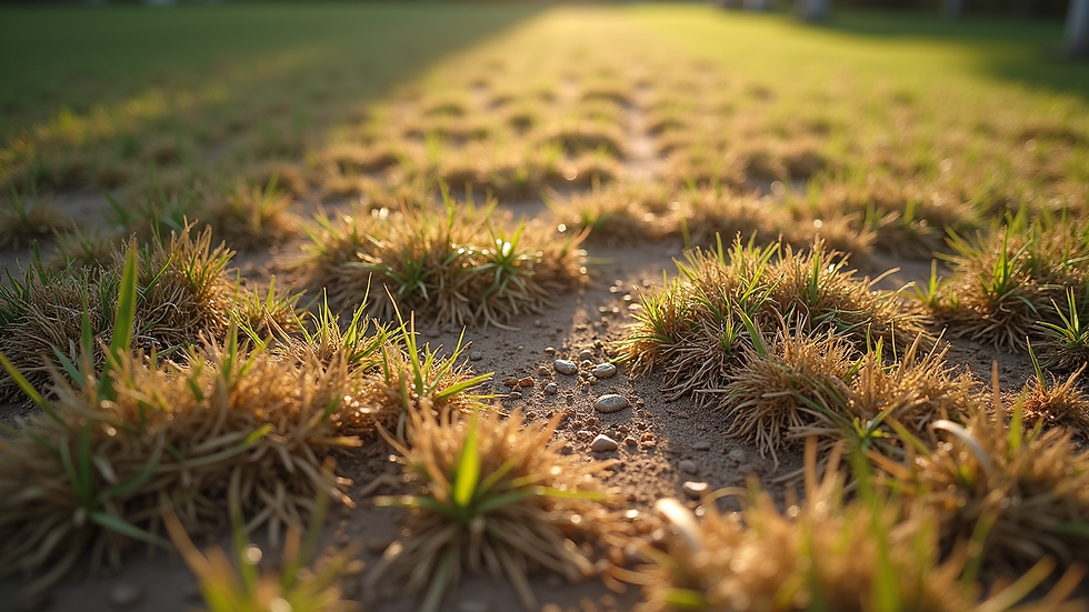 High angle view of dry, patchy lawn with visible soil