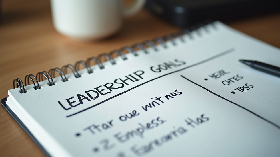 Close-up view of a notebook with leadership goals and action plans