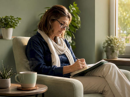 Una donna seduta al tavolo, impegnata a scrivere sul tema della resilienza mentale, riflettendo su come affrontare le sfide della vita con forza e determinazione.
