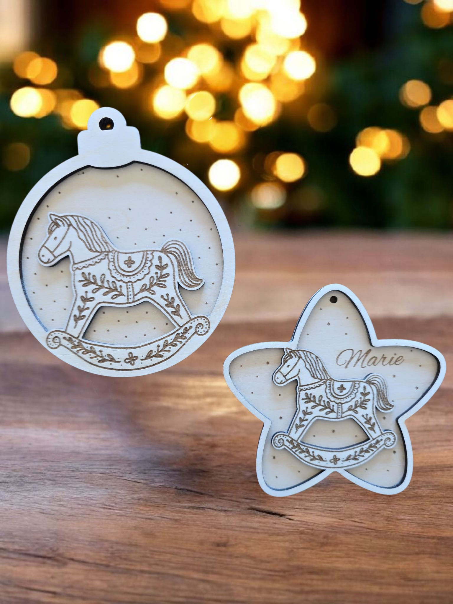 Christbaum Anhänger "Schaukelpferd" personalisiert 2er Set 