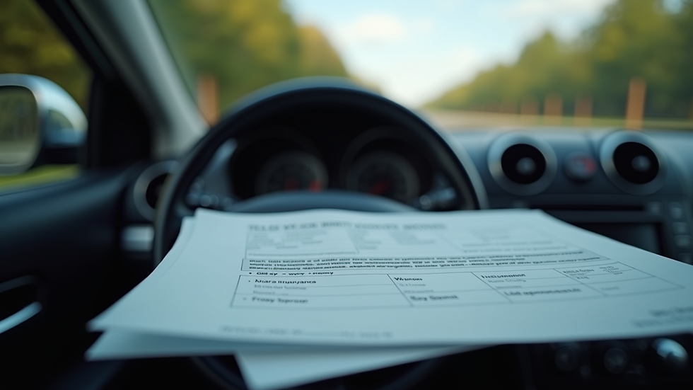 Eye-level view of a car dashboard with insurance documents