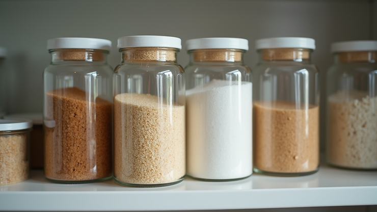 Eye-level view of airtight containers filled with different types of sugar on a kitchen shelf