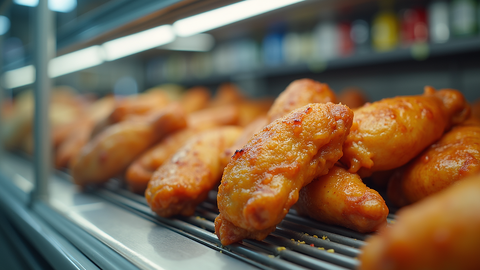 Eye-level view of packaged halal chicken wings in a supermarket freezer