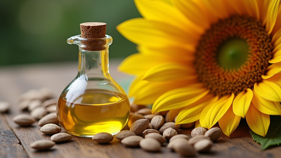 Close-up view of sunflower seeds and a bottle of sunflower oil