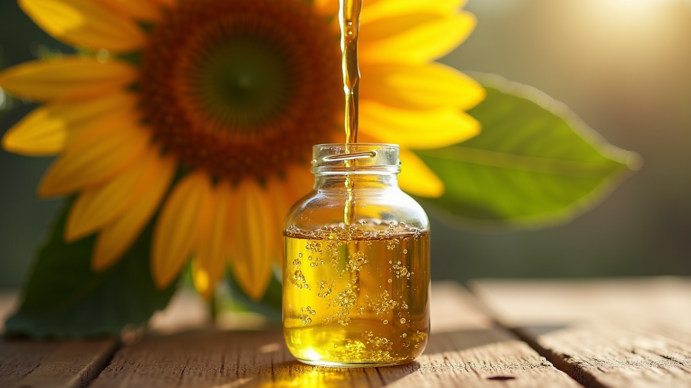 Close-up view of sunflower oil being poured into a glass bottle