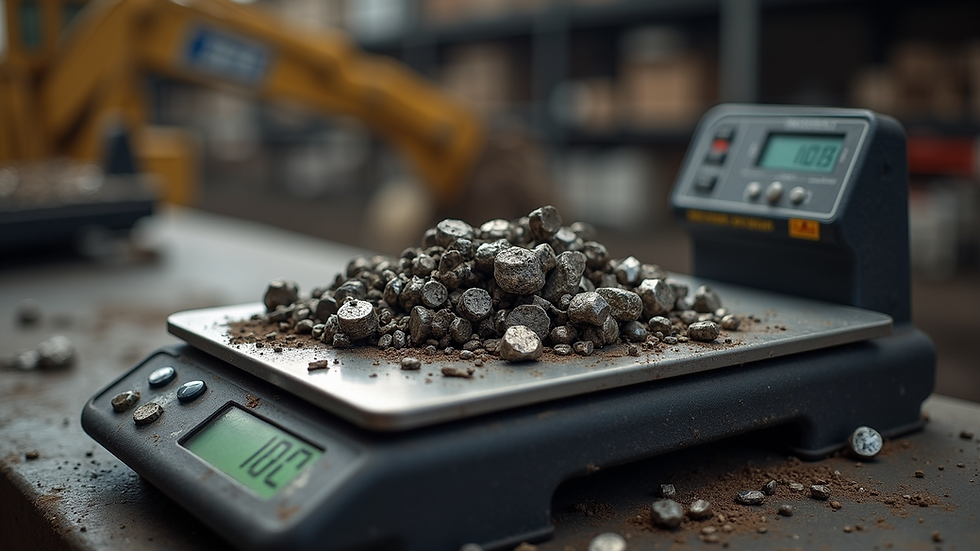Close-up view of scrap metal being weighed on a digital scale at a trading center