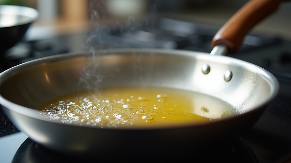 Eye-level view of a stainless steel frying pan with neutral oil heating