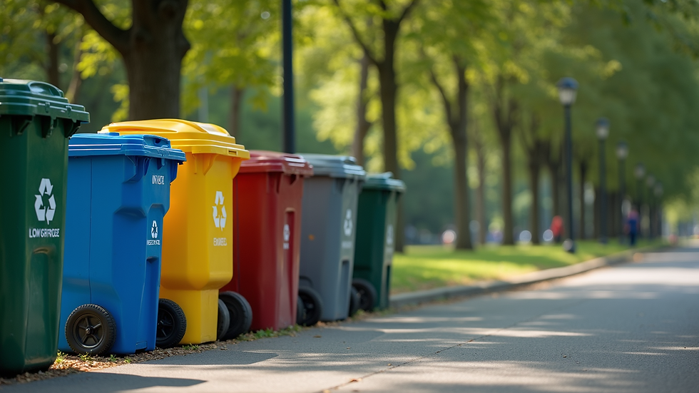 Eye-level view of recycling bins arranged in a public park