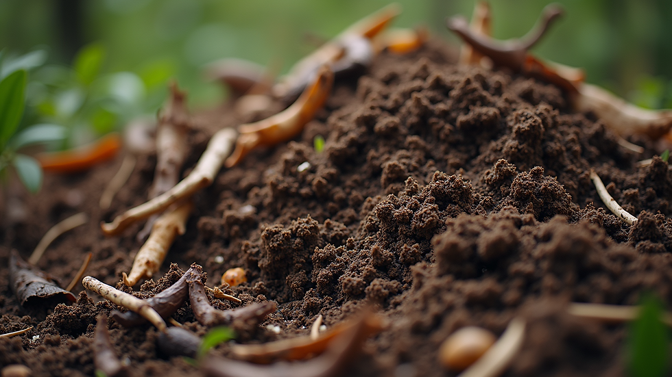 Close-up view of compost heap with organic waste decomposing
