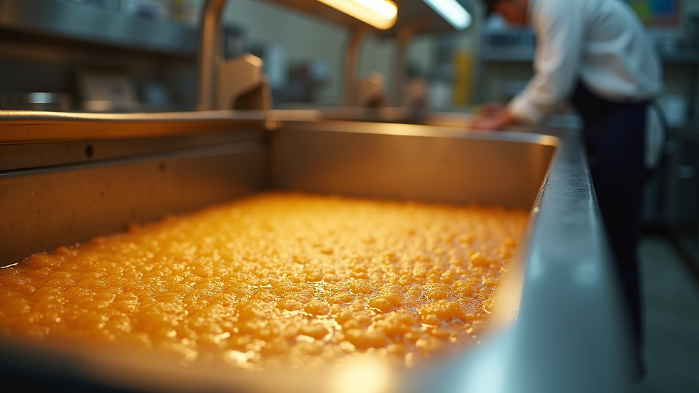 Eye-level view of commercial deep fryer with bubbling oil