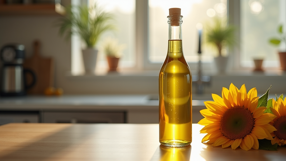 High angle view of a bottle of sunflower oil on a kitchen counter