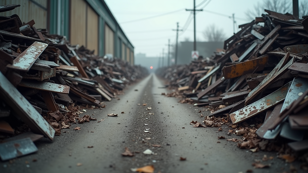 Eye-level view of a local metal recycling yard with piles of sorted scrap metal