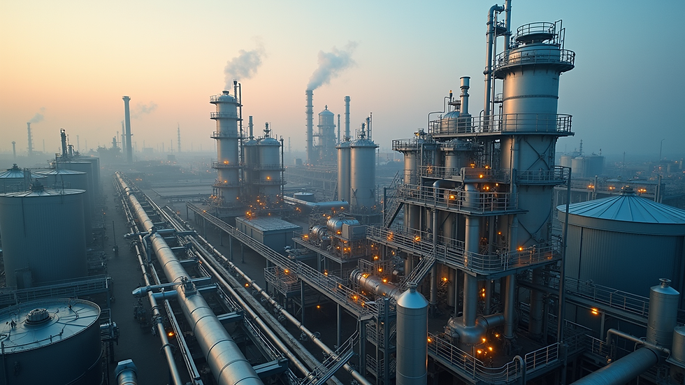 High angle view of industrial oil refining equipment with tanks and pipes